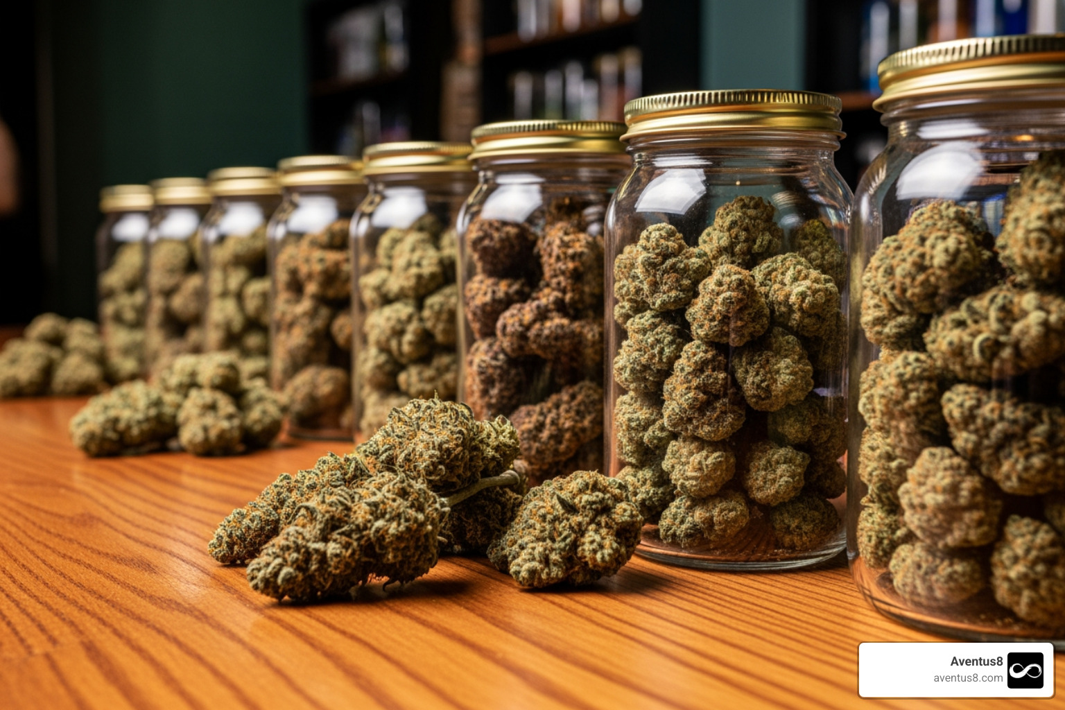 A diverse lineup of exotic cannabis jars with different colored buds A diverse lineup of exotic cannabis jars with different colored buds