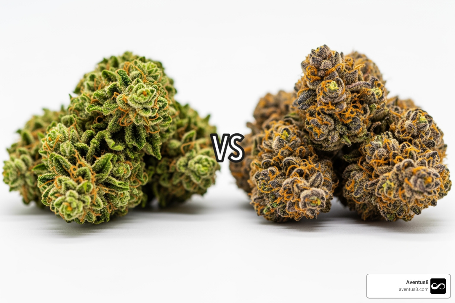 Comparison of standard green cannabis buds vs exotic purple and orange buds Comparison of standard green cannabis buds vs exotic purple and orange buds