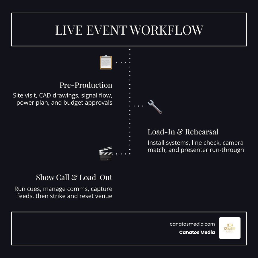 Live event production workflow infographic: pre-production to load-out, five disciplines, crew roles, cost ranges infographic