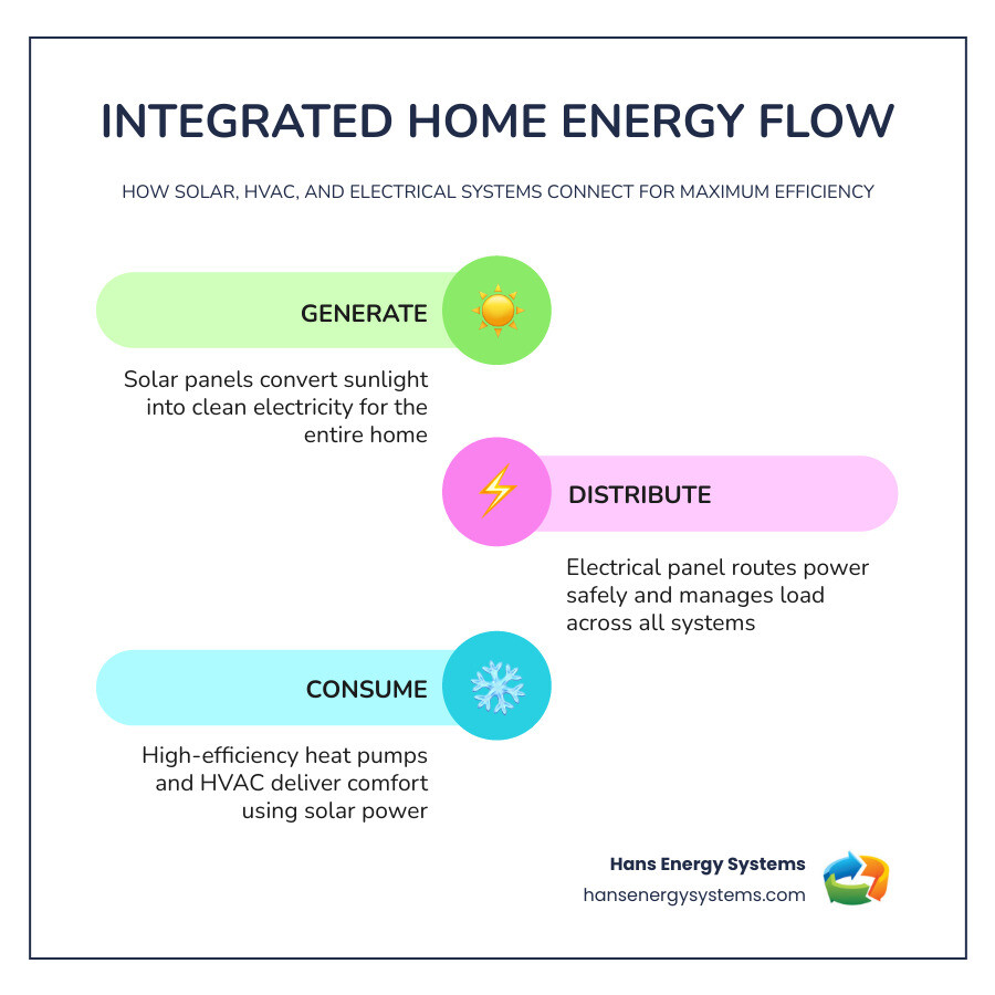 Infographic showing how solar panels, HVAC heat pump, and electrical panel connect as one integrated home energy system with Infographic showing how solar panels, HVAC heat pump, and electrical panel connect as one integrated home energy system with
