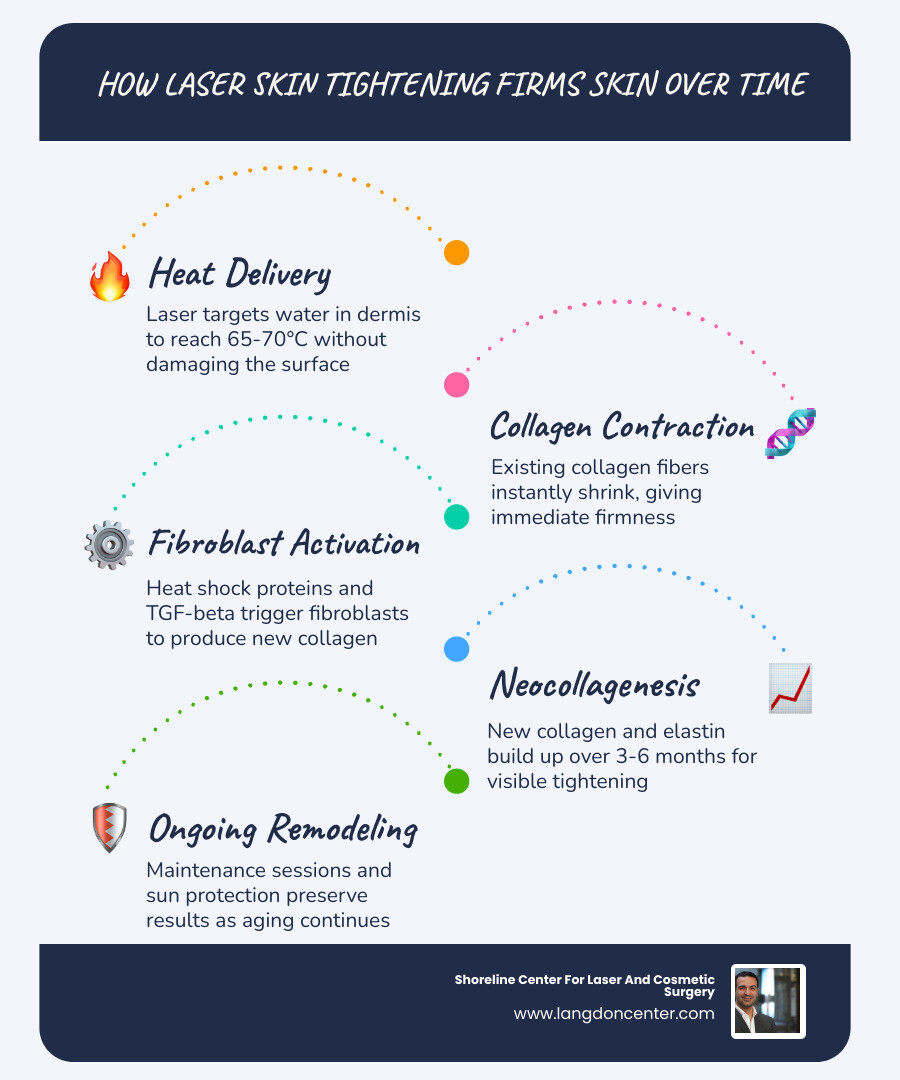How laser skin tightening firms skin over time — collagen remodeling timeline and key benefits infographic How laser skin tightening firms skin over time — collagen remodeling timeline and key benefits infographic