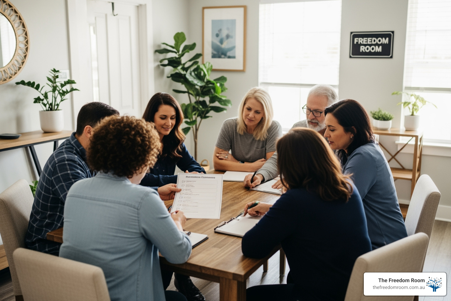 Diverse adults participating in a structured group discussion around a table, an essential part of ongoing post rehab support. Diverse adults participating in a structured group discussion around a table, an essential part of ongoing post rehab support.