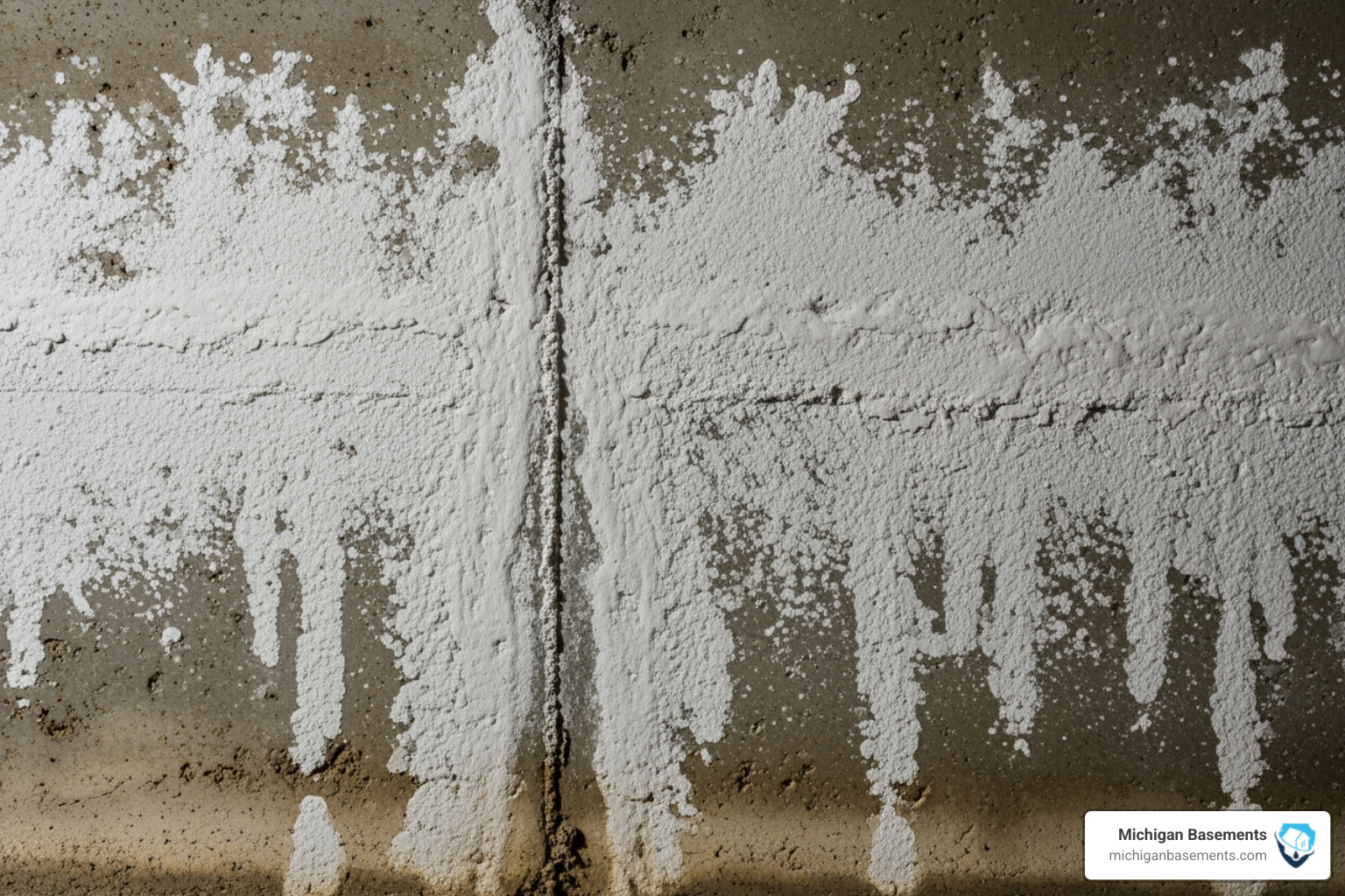 Efflorescence on a basement wall indicating moisture migration