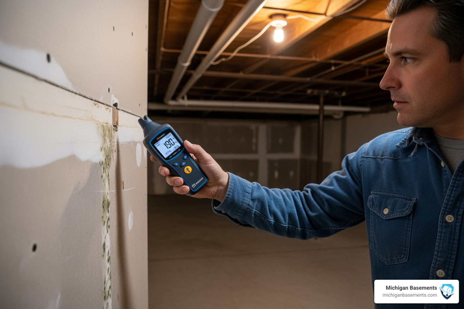 Homeowner using a moisture meter to detect hidden dampness behind drywall