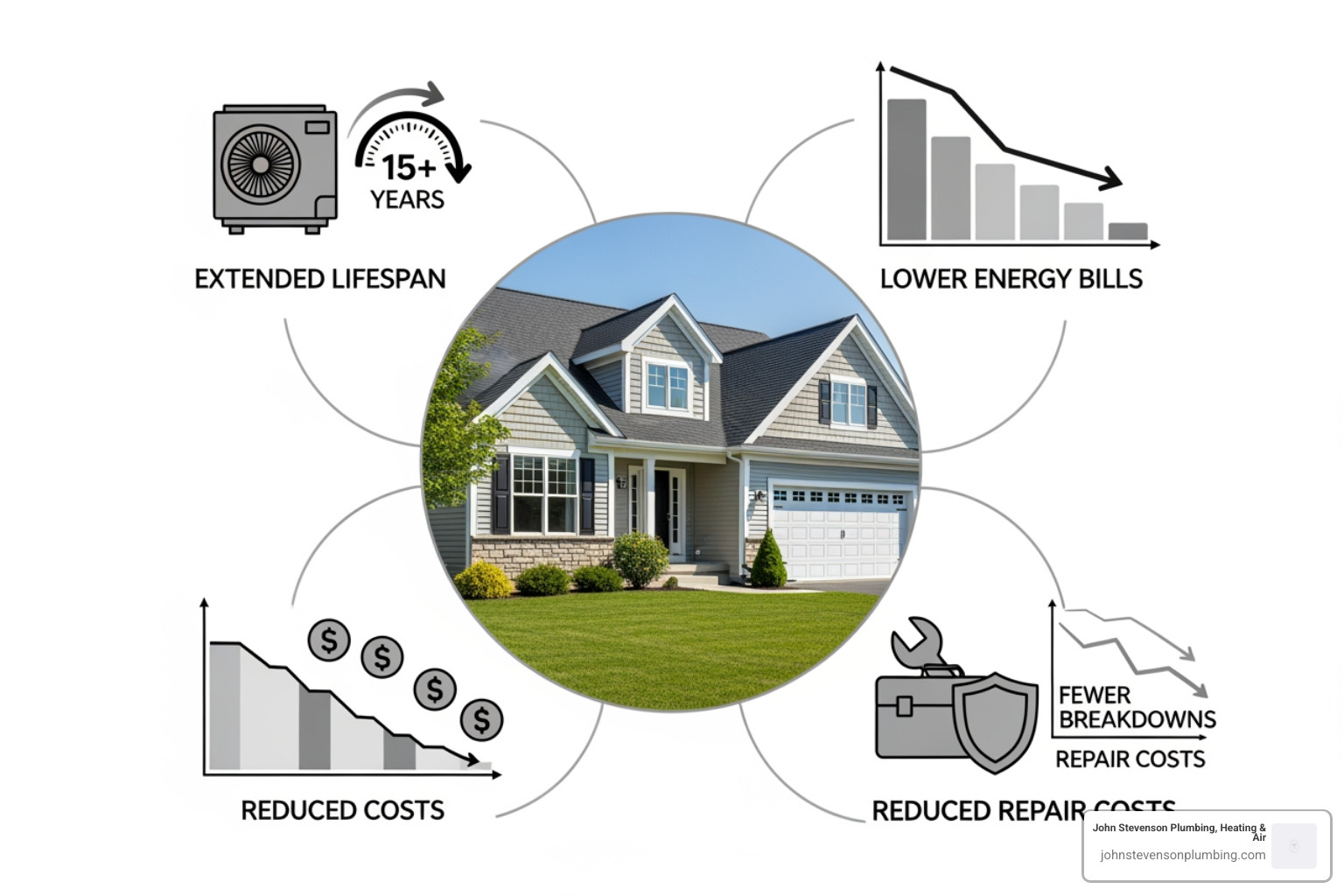 Infographic showing long-term benefits of annual HVAC maintenance including lifespan, energy savings, and repair cost