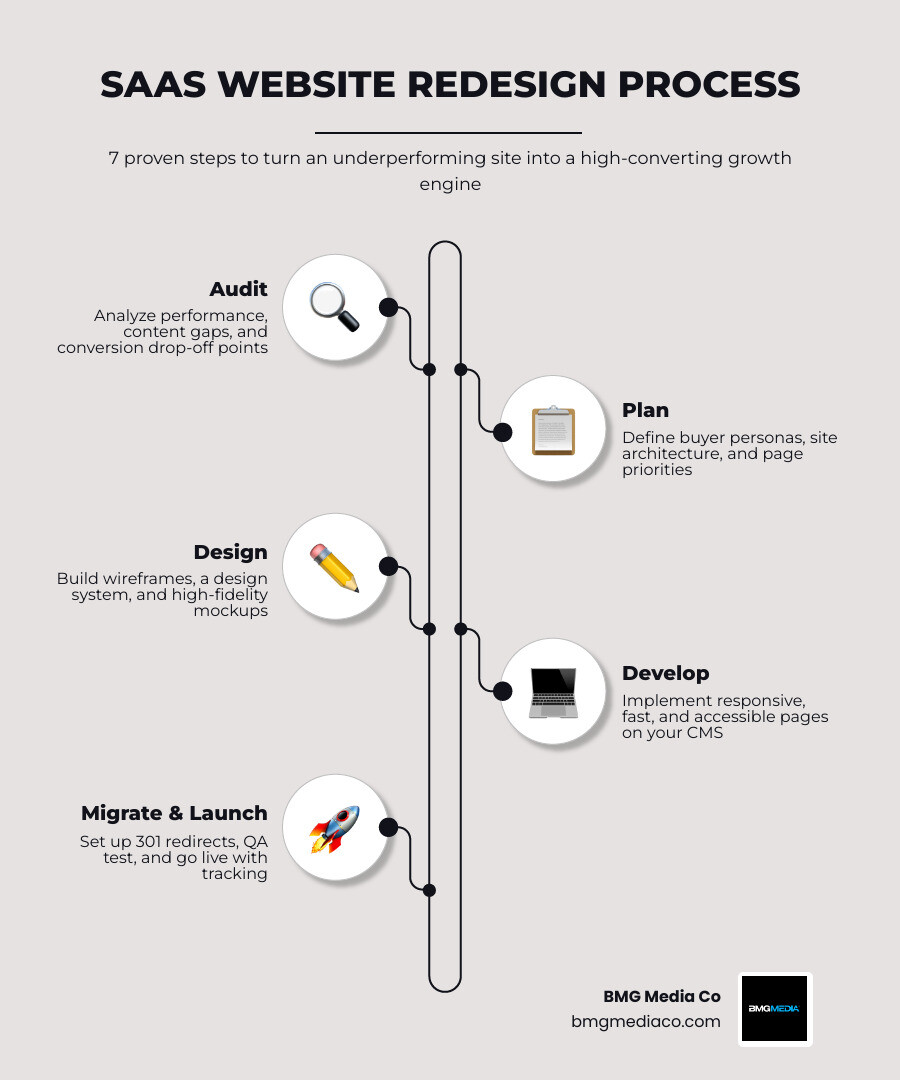 Infographic showing the 7-step SaaS website redesign process from audit to post-launch optimization infographic