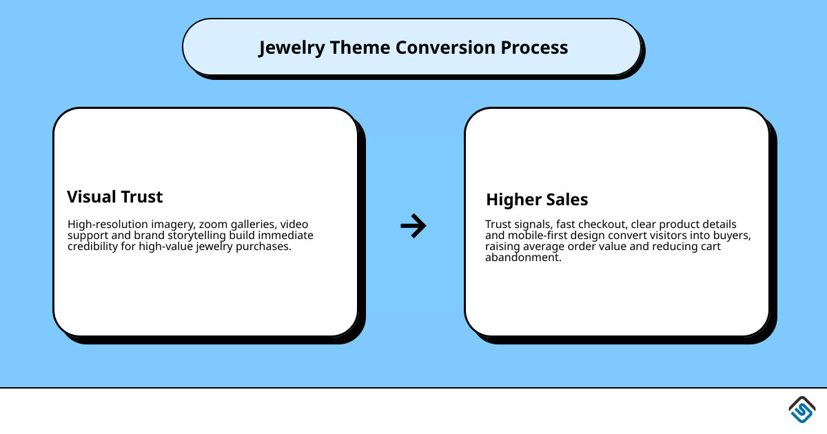 Infographic showing how a jewelry Shopify theme converts traffic into sales through visual trust and UX infographic Infographic showing how a jewelry Shopify theme converts traffic into sales through visual trust and UX infographic
