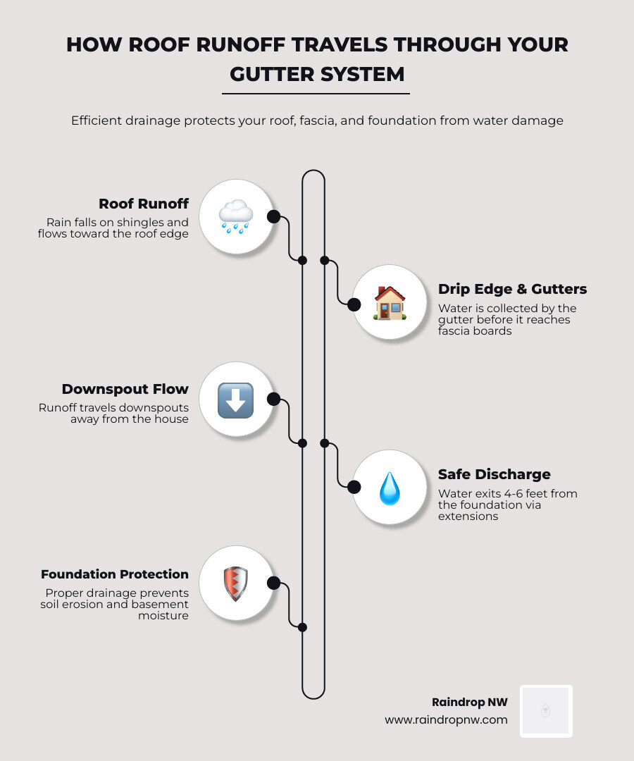 Infographic showing how roof runoff travels from shingles through gutters and downspouts away from the foundation infographic