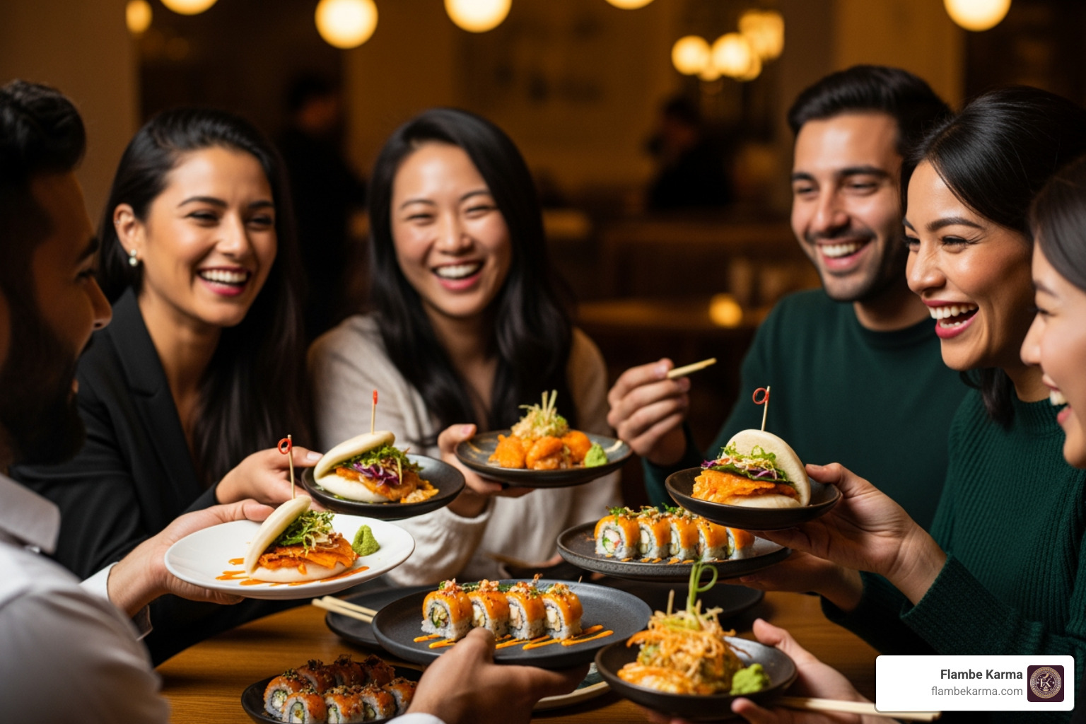 diners sharing asian fusion small plates in a warm restaurant setting diners sharing asian fusion small plates in a warm restaurant setting
