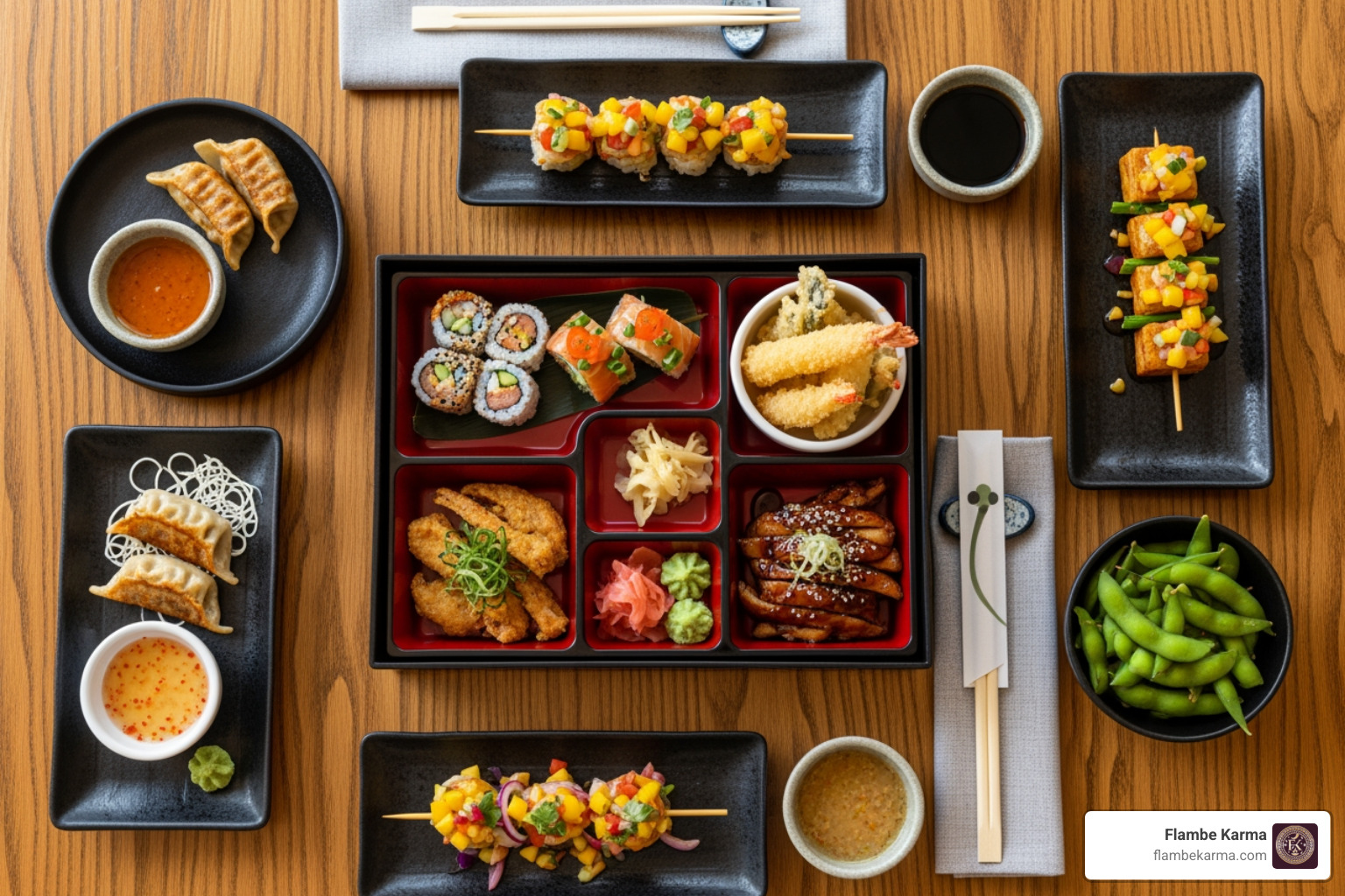 lunch bento and asian fusion shareable appetizers on a table lunch bento and asian fusion shareable appetizers on a table