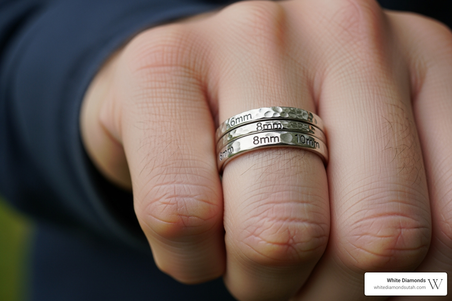 Comparing 6mm, 8mm, and 10mm hammered wedding bands on a hand