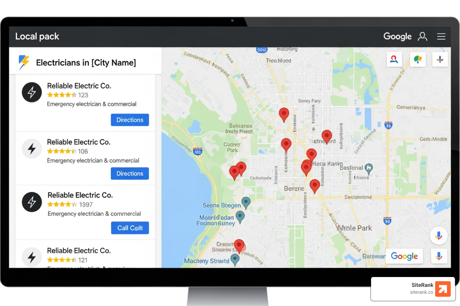Screenshot of a local map pack results for electricians Screenshot of a local map pack results for electricians