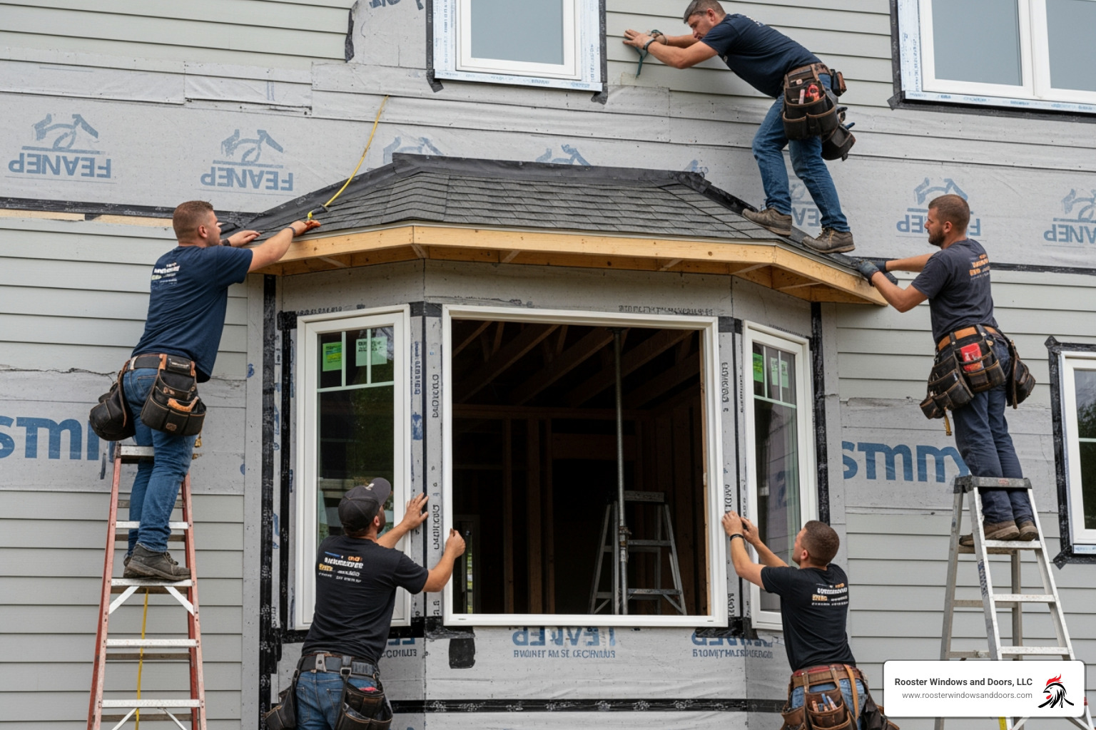 bow window installation in progress framing support roofing and exterior finishing