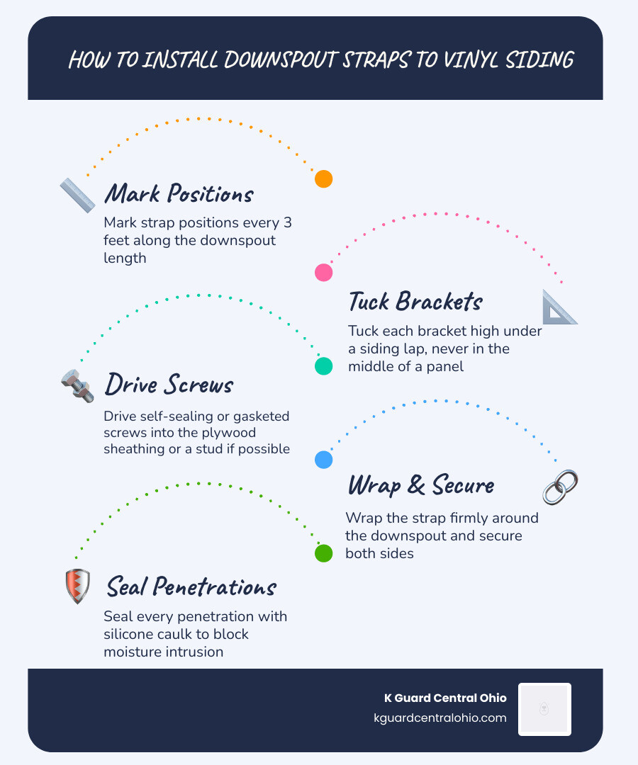 Infographic showing downspout strap spacing, screw placement, and sealing steps for vinyl siding infographic