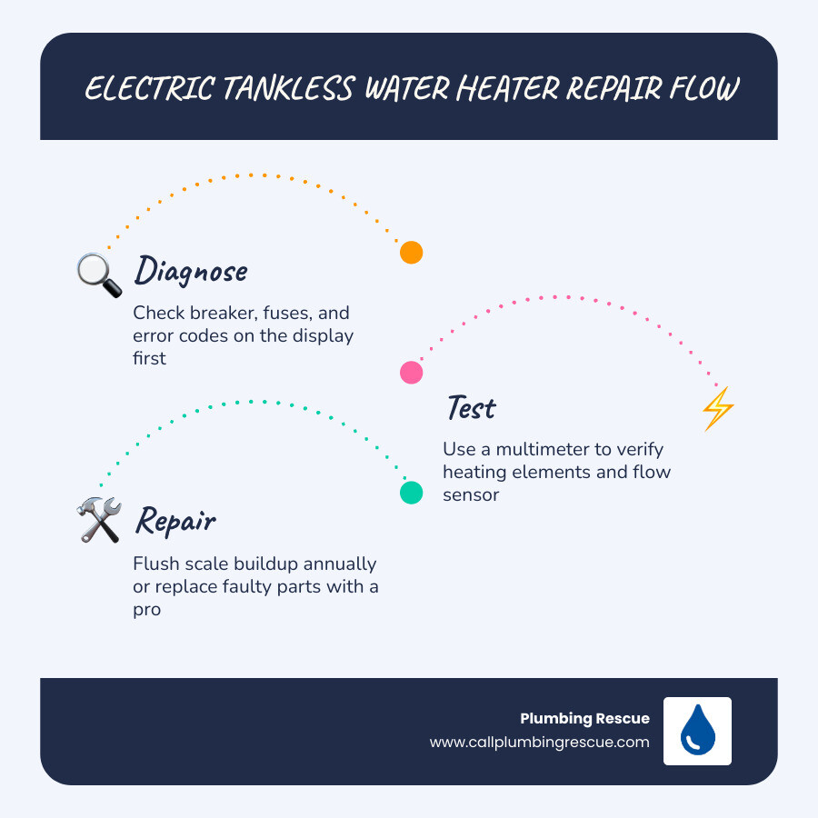 Infographic showing how electric tankless water heaters work, common failure points, and repair vs DIY breakdown infographic