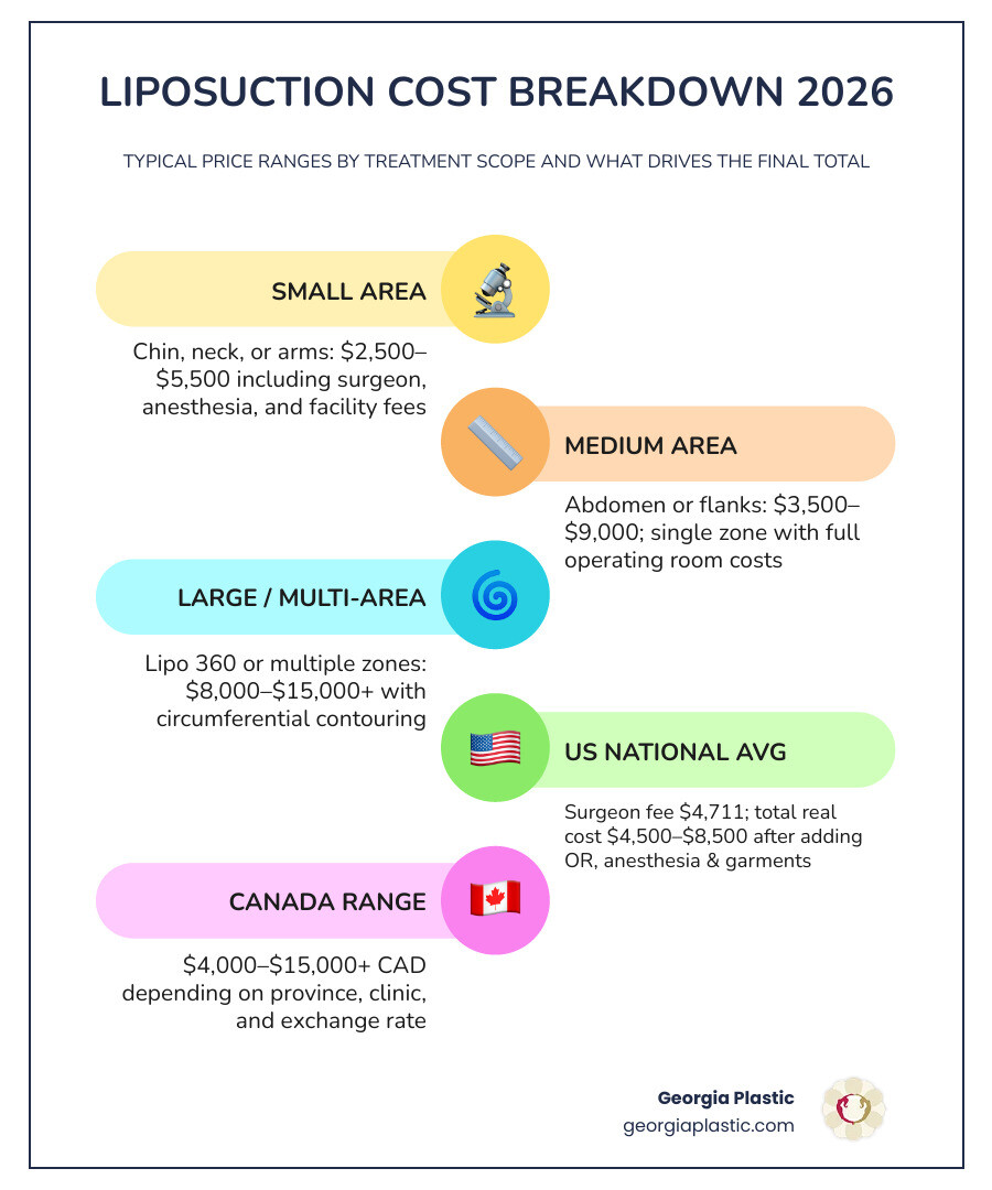 Liposuction cost breakdown infographic showing average prices by body area and what is included in a quote infographic
