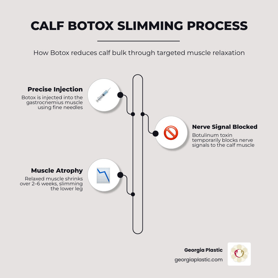 Infographic showing calf Botox slimming process: injection site, muscle relaxation, and expected timeline infographic Infographic showing calf Botox slimming process: injection site, muscle relaxation, and expected timeline infographic