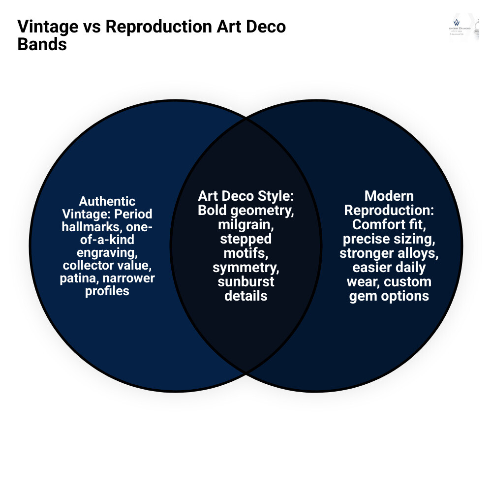 Infographic: vintage vs reproduction Art Deco band price and value comparison infographic