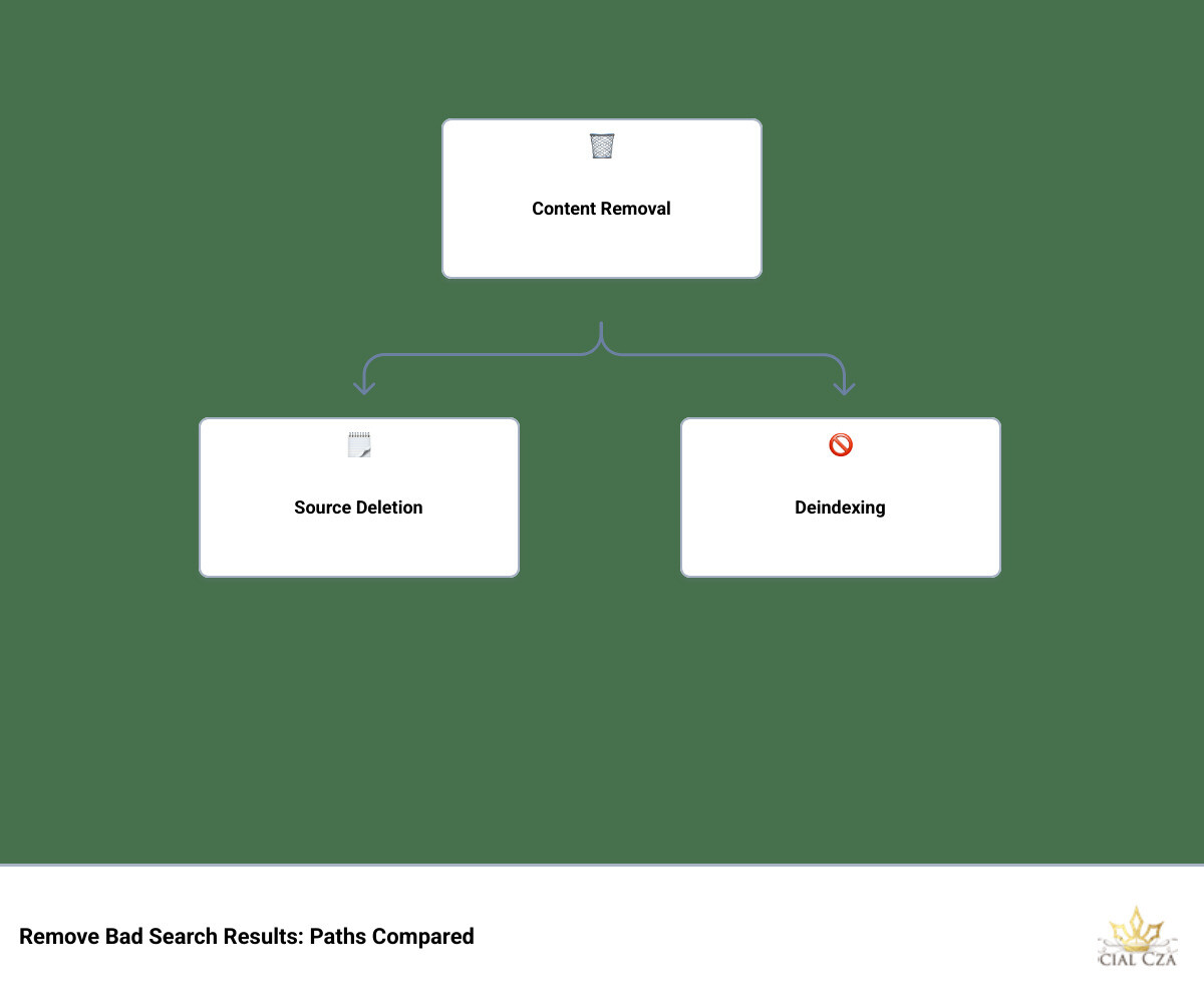 Infographic showing the difference between removal, deindexing, and suppression of bad search results infographic