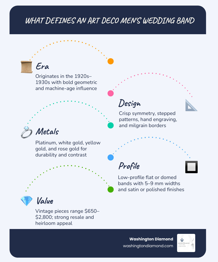 Infographic: What defines an Art Deco men's wedding band — era, design elements, metals, and price ranges infographic
