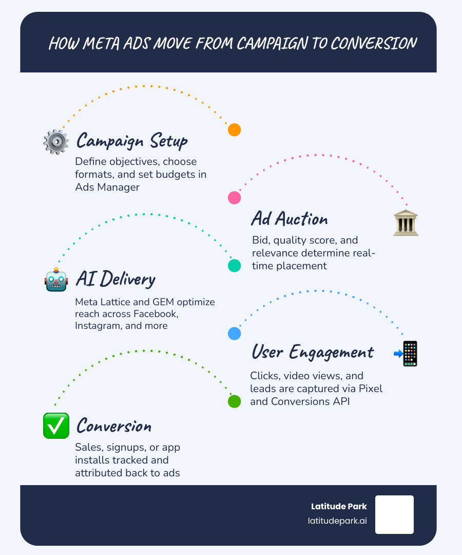 Meta ad solutions infographic showing formats placements and campaign goals from awareness to conversion infographic