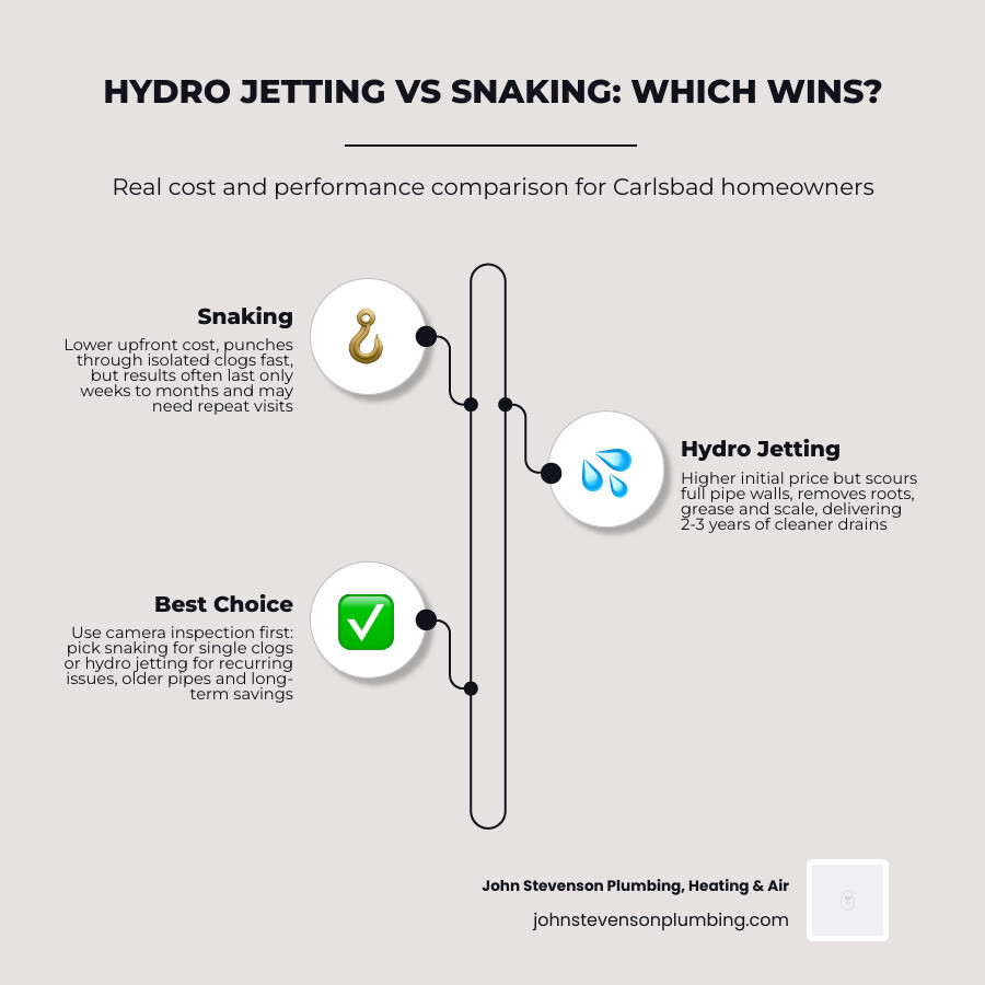 Infographic comparing hydro jetting vs snaking: cost, longevity, best use cases, and pipe cleaning depth infographic Infographic comparing hydro jetting vs snaking: cost, longevity, best use cases, and pipe cleaning depth infographic
