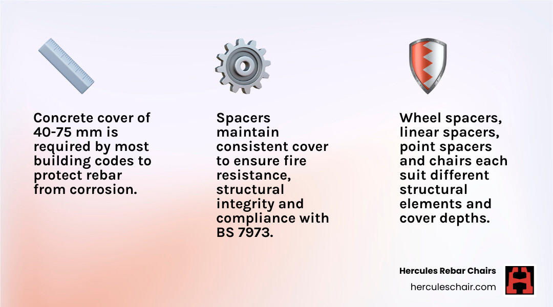 Infographic showing how rebar spacers maintain concrete cover depth and prevent corrosion in reinforced concrete structures Infographic showing how rebar spacers maintain concrete cover depth and prevent corrosion in reinforced concrete structures