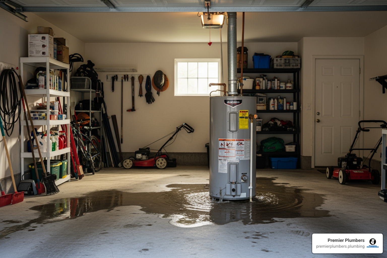 leaking water heater in a garage