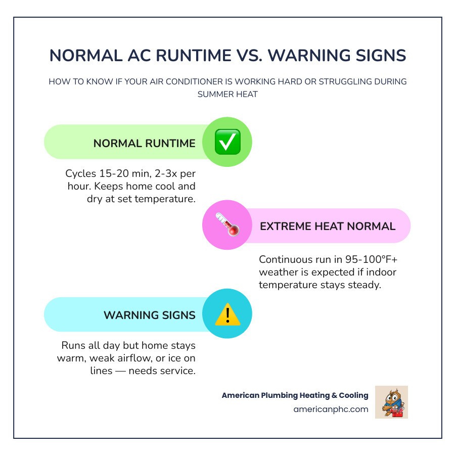 Infographic showing normal AC runtime vs warning signs of a problem in summer heat infographic