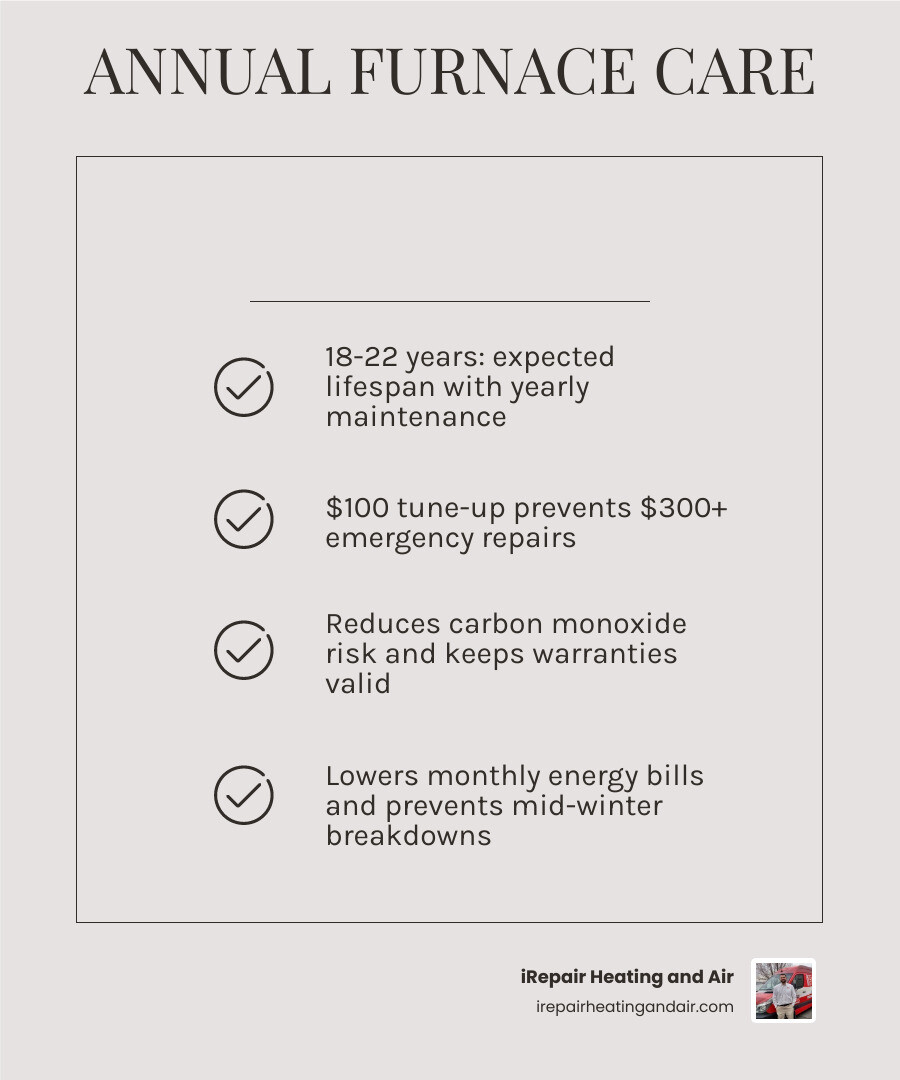 Infographic showing key reasons to schedule annual furnace maintenance including safety, efficiency, and lifespan infographic