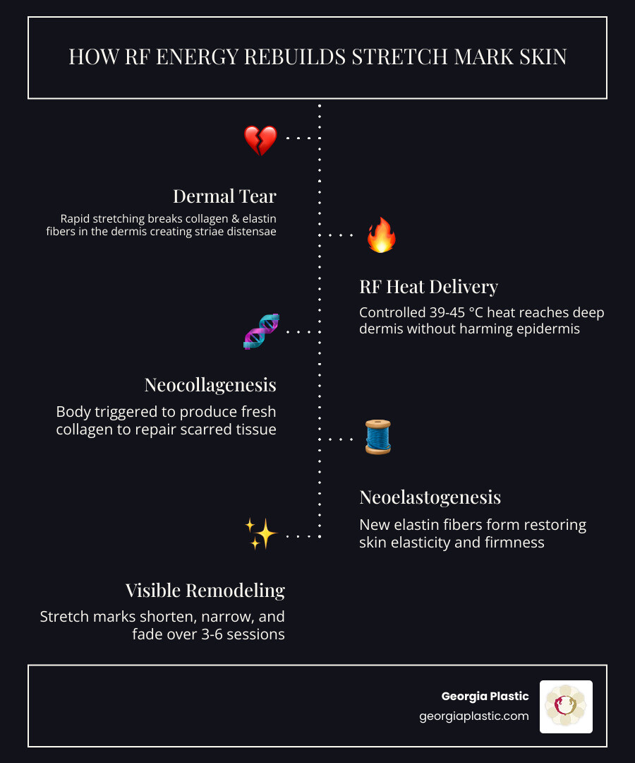 Infographic showing stretch mark skin layers and how RF energy penetrates the dermis to rebuild collagen infographic Infographic showing stretch mark skin layers and how RF energy penetrates the dermis to rebuild collagen infographic
