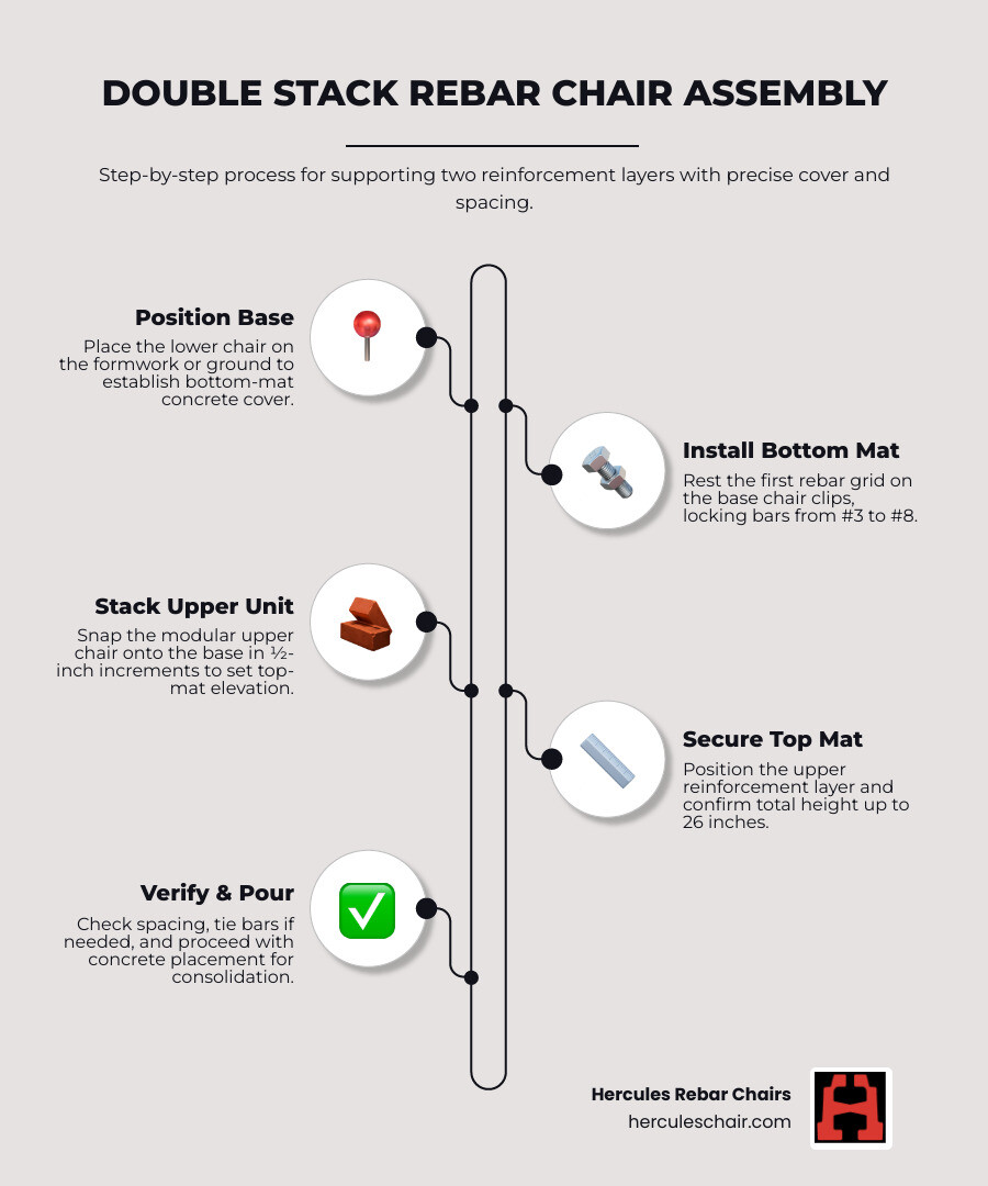 Infographic showing how double stack rebar chairs work: base chair sets bottom mat cover, stacked unit sets top mat height