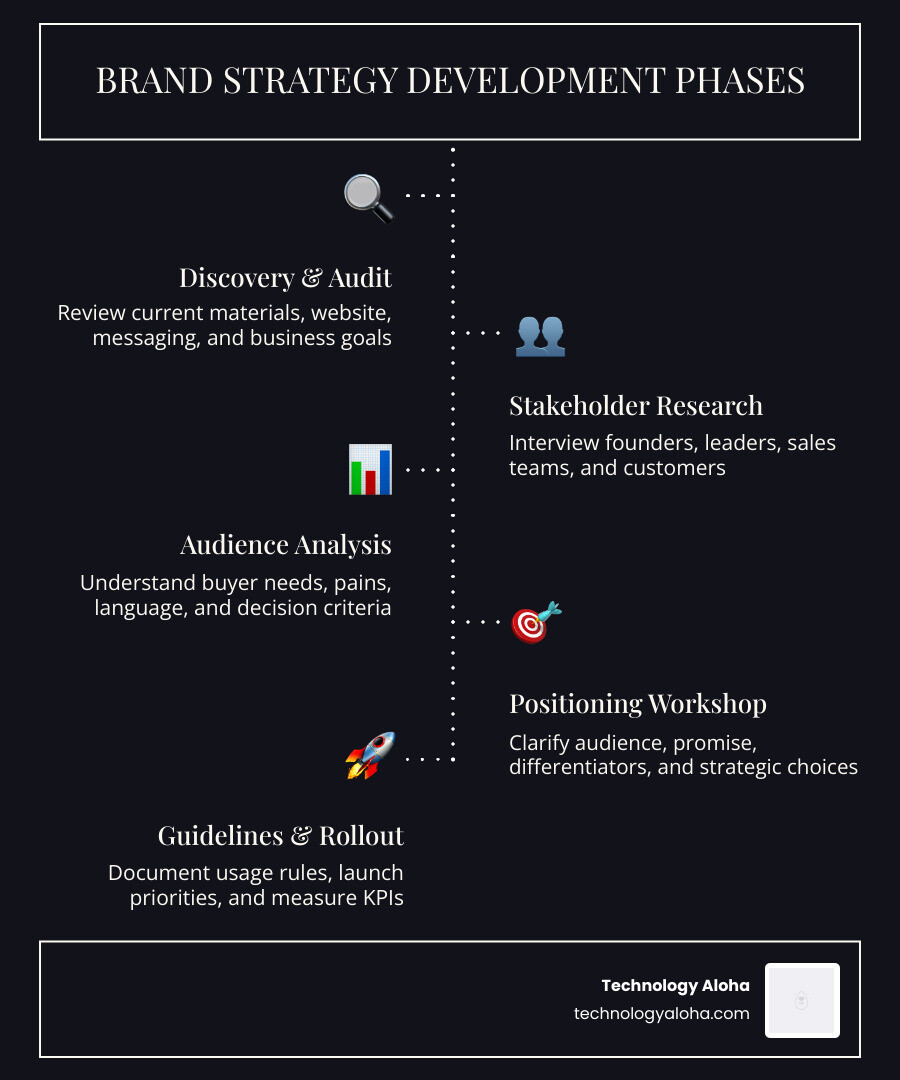 brand strategy phases from audit to rollout infographic infographic