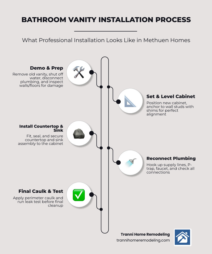 Infographic showing bathroom vanity installation timeline steps and cost ranges for Methuen homeowners infographic Infographic showing bathroom vanity installation timeline steps and cost ranges for Methuen homeowners infographic