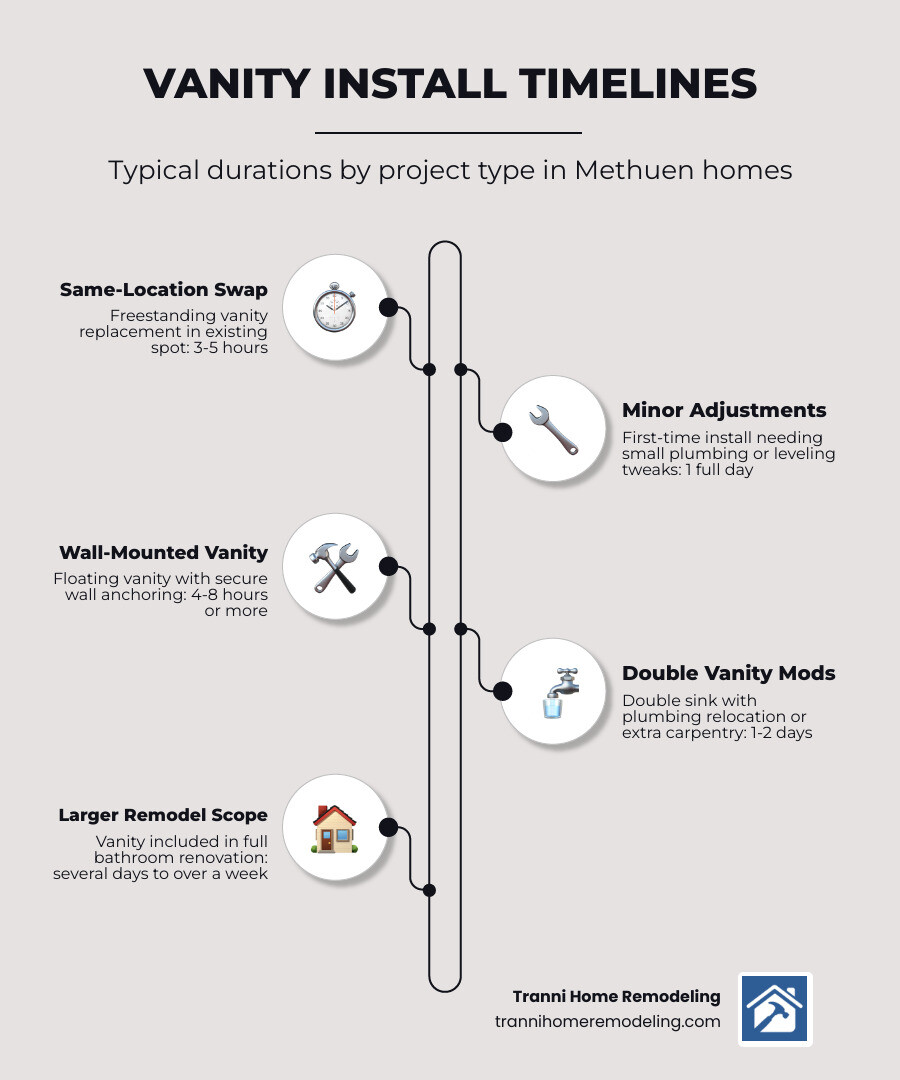 Infographic comparing vanity installation timelines simple swap vs full reconfiguration infographic Infographic comparing vanity installation timelines simple swap vs full reconfiguration infographic