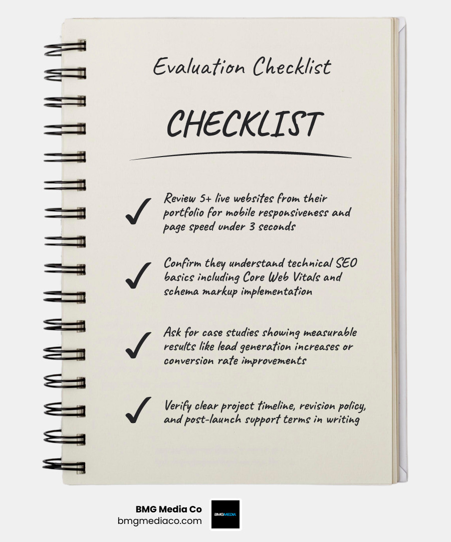 Infographic showing how to choose the best web designer: evaluate portfolio, check mobile design, assess SEO knowledge