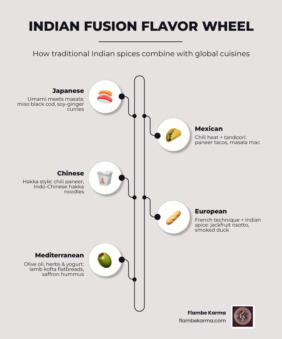 Indian fusion flavor wheel infographic showing spice pairings with global cuisines infographic