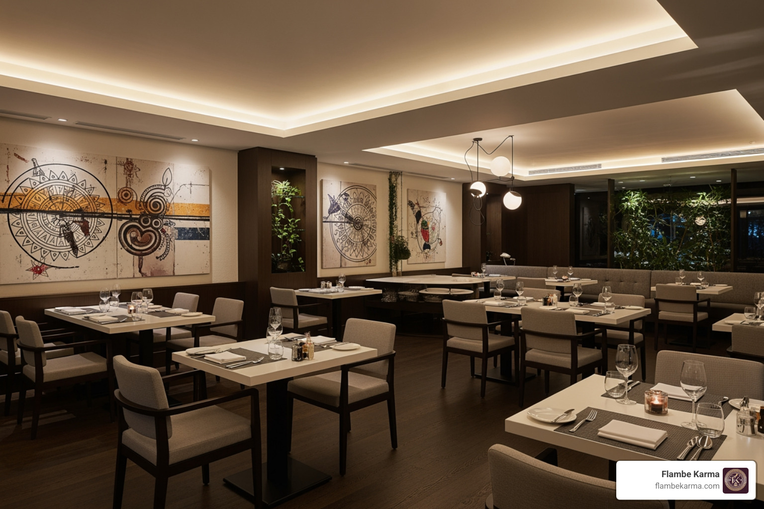 High-end fusion dining room with elegant lighting and modern decor