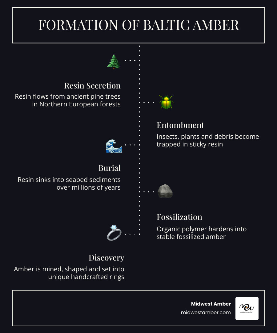 Infographic showing the 45-million-year formation process of Baltic amber from pine resin to polished ring infographic Infographic showing the 45-million-year formation process of Baltic amber from pine resin to polished ring infographic
