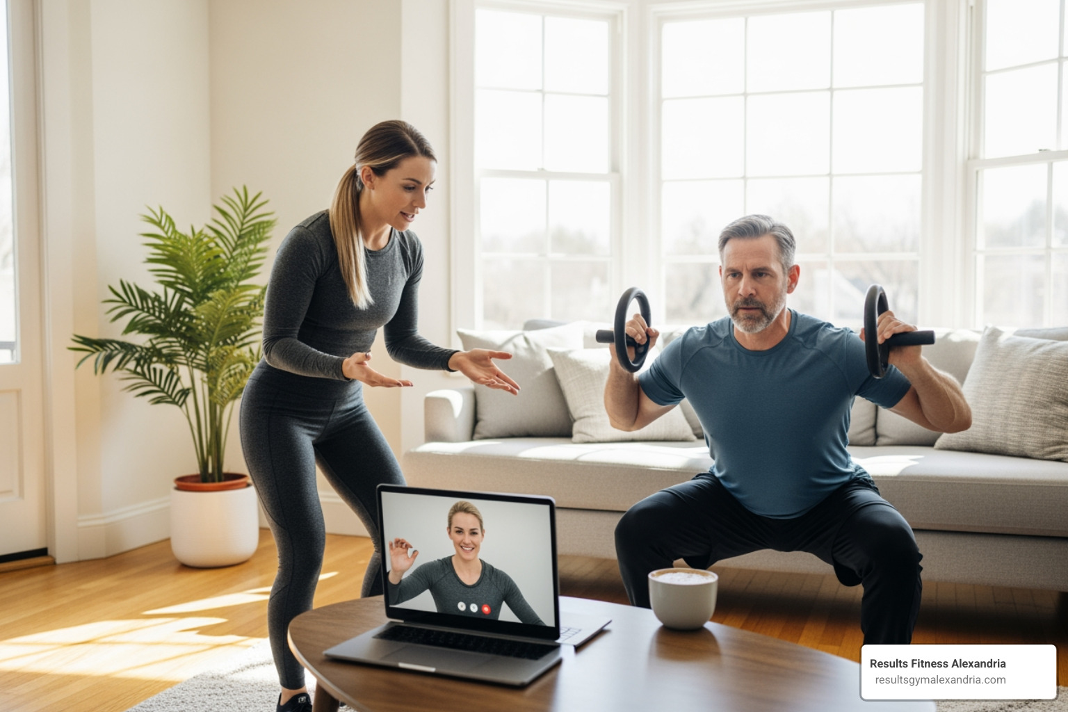 A personal trainer providing real-time feedback to a client via a laptop screen during a home workout A personal trainer providing real-time feedback to a client via a laptop screen during a home workout