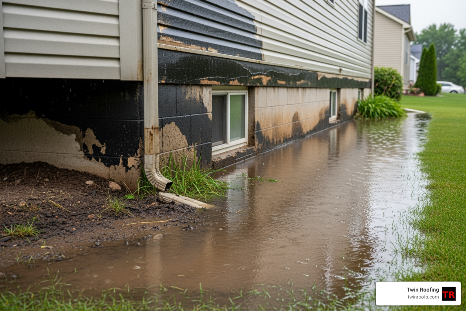 Water pooling near foundation from failed gutters