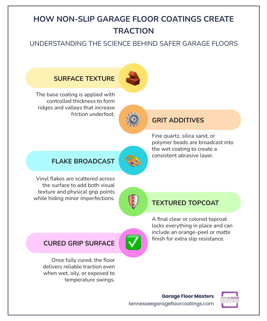 infographic showing how traction additives, flakes, and textured topcoats improve grip on garage floors infographic infographic showing how traction additives, flakes, and textured topcoats improve grip on garage floors infographic