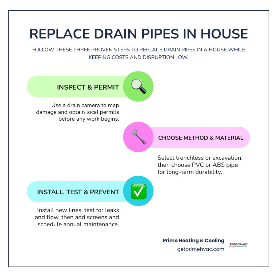 Drain pipe replacement decision process: signs of failure, repair vs replacement, costs, and steps infographic