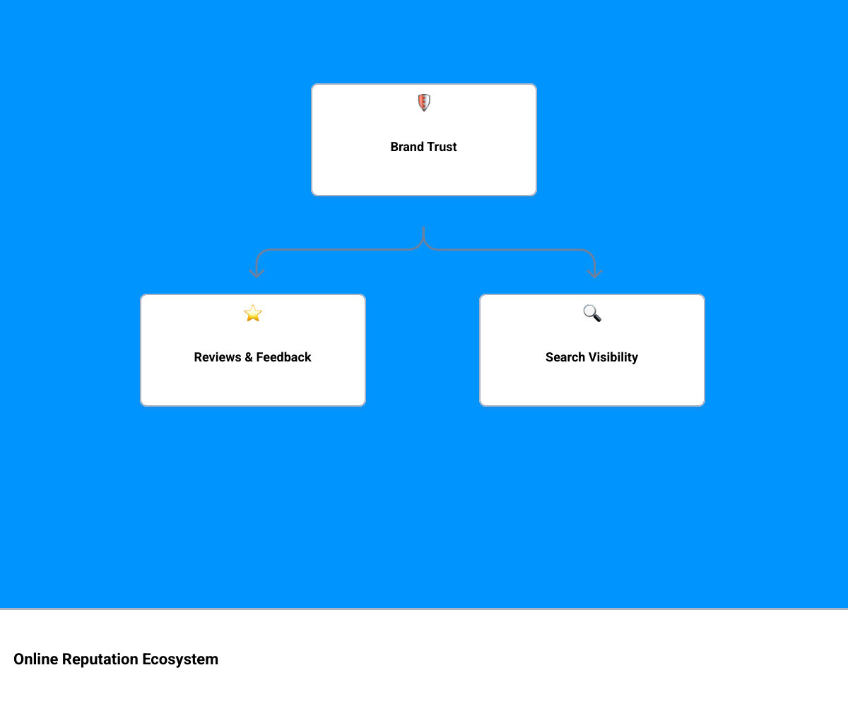 Online reputation management ecosystem infographic showing key platforms, features, and how ORM connects reviews, SEO, and