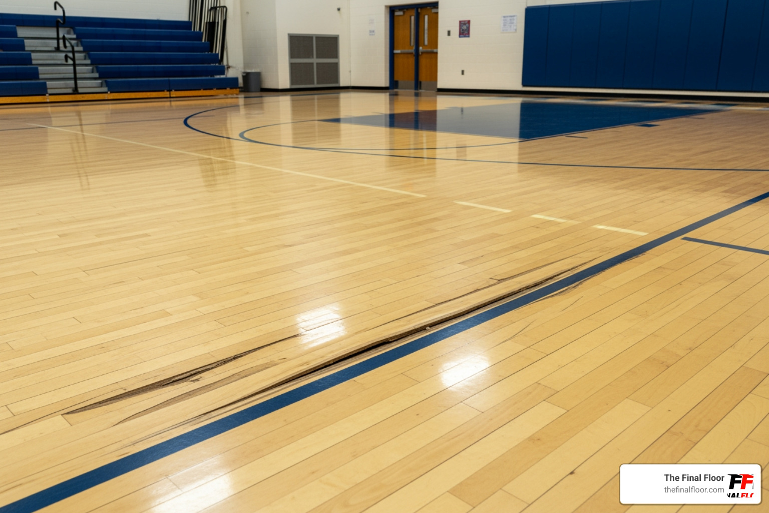 cupped maple gym floor boards on basketball court