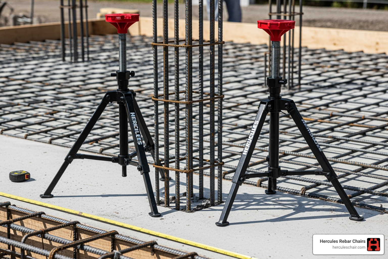 worker snapping rebar into red hercules chair