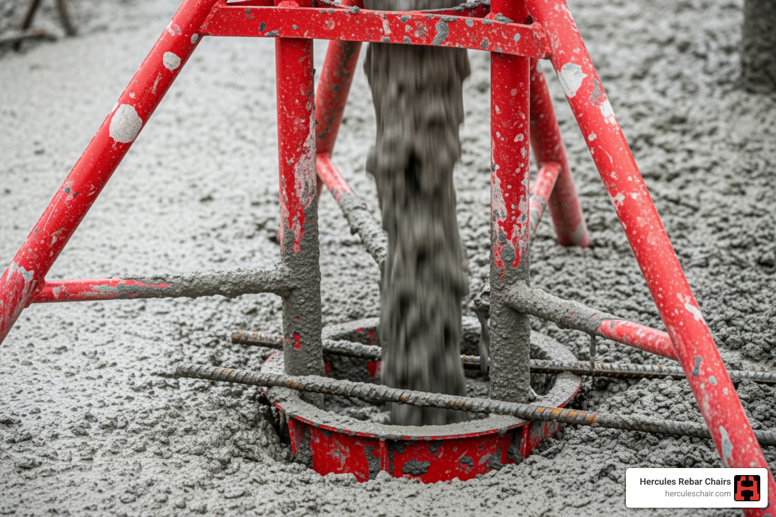 concrete flowing through red tripod rebar chair base