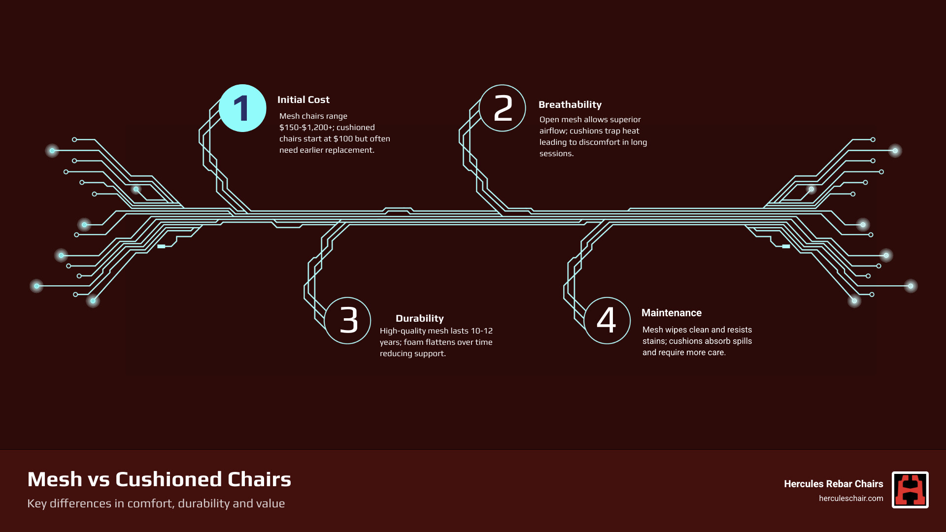 Infographic comparing mesh vs cushioned chairs on price, durability, and breathability infographic Infographic comparing mesh vs cushioned chairs on price, durability, and breathability infographic