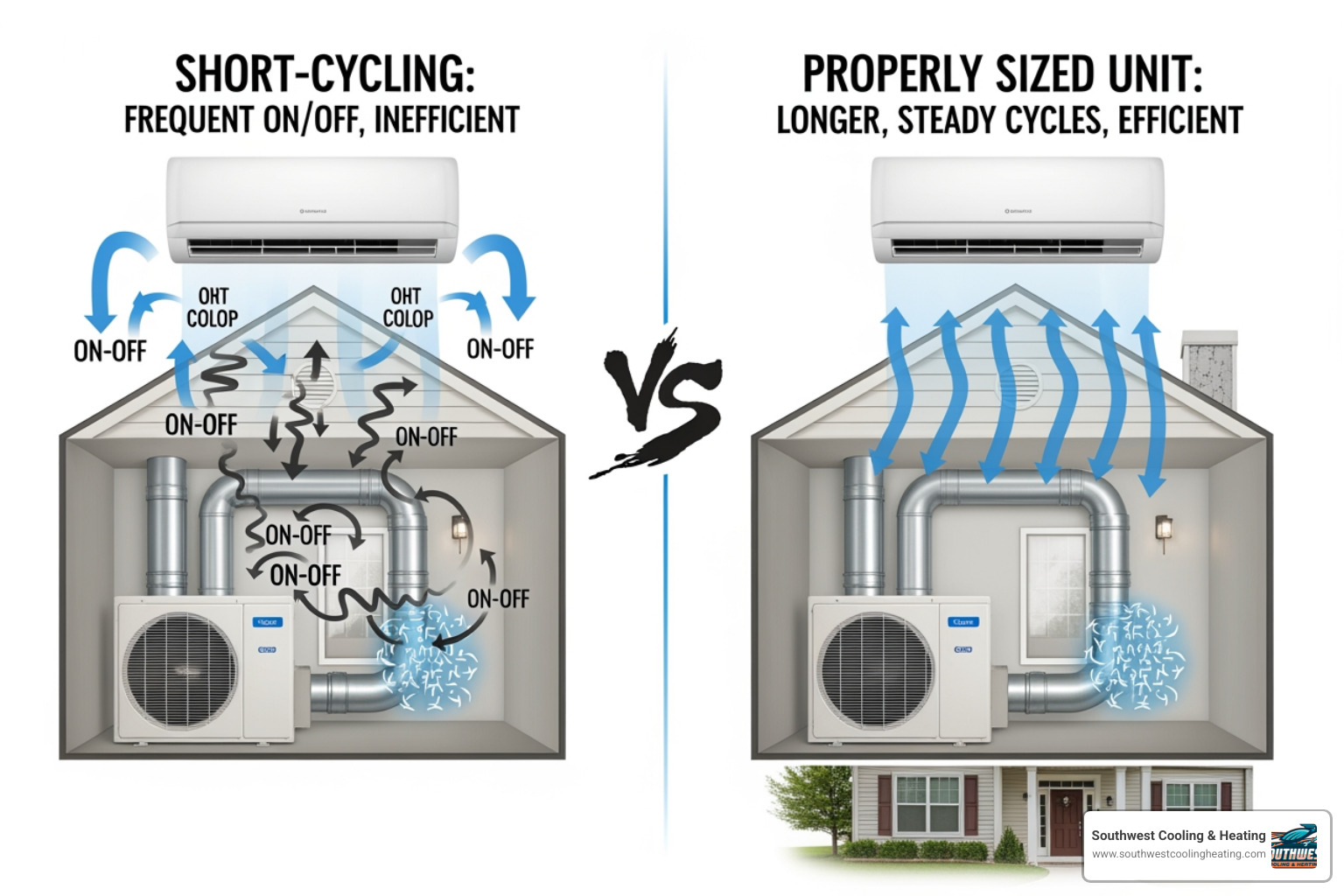 Diagram showing an oversized AC unit short-cycling vs a properly sized unit running efficient cycles Diagram showing an oversized AC unit short-cycling vs a properly sized unit running efficient cycles