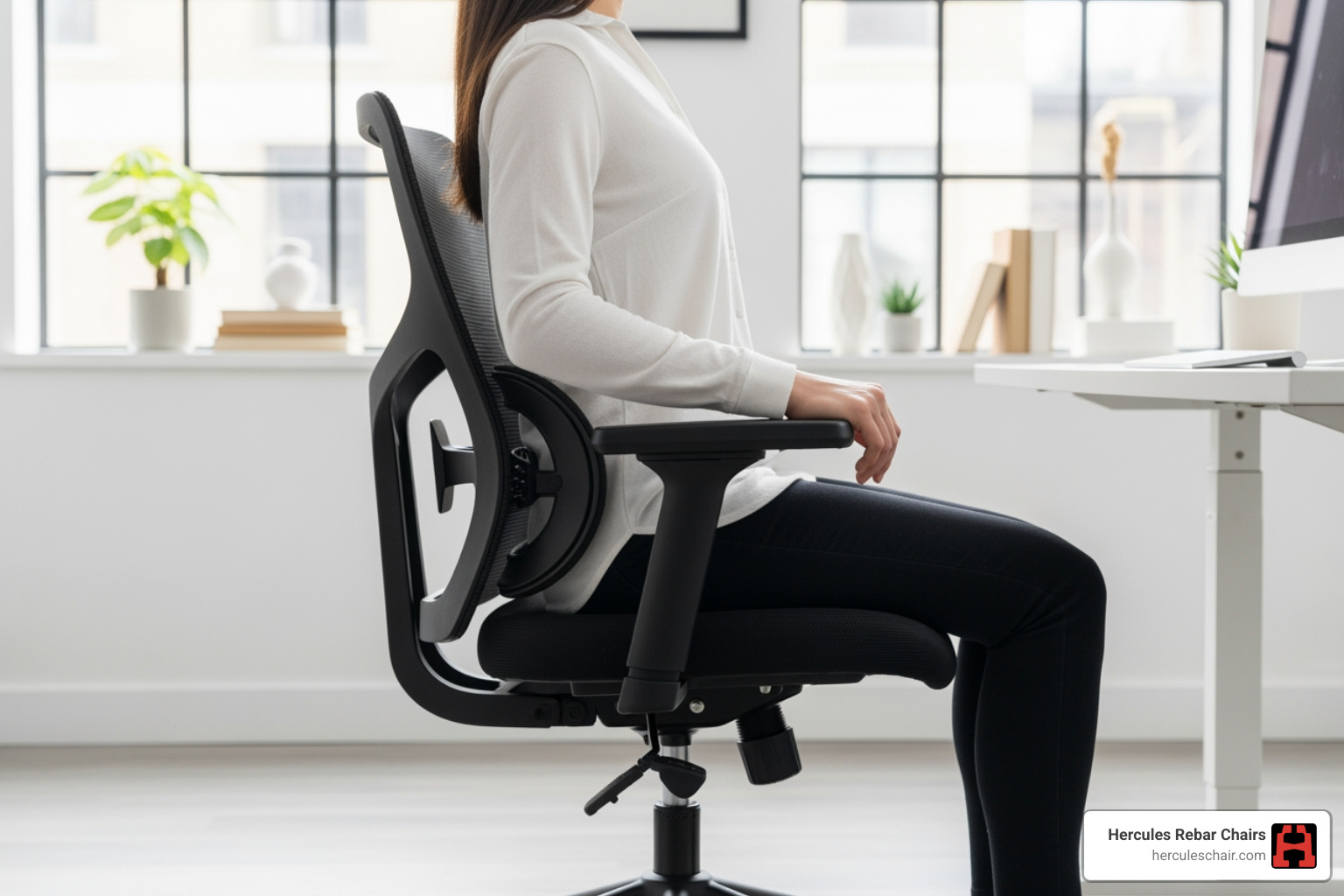 User sitting with correct spinal alignment in a mesh office chair with lumbar support User sitting with correct spinal alignment in a mesh office chair with lumbar support
